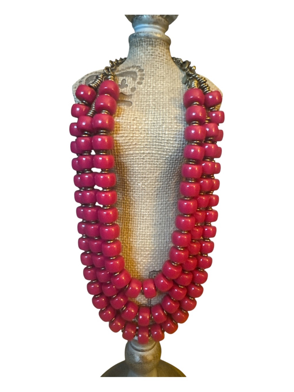 Premiere design lipstick pink beaded and brass necklace 3 layers coastal Grandma